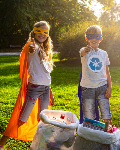 Two children wear superhero costumes with the recycling emblem on their chest. Bags of sorted recycling are at their feet